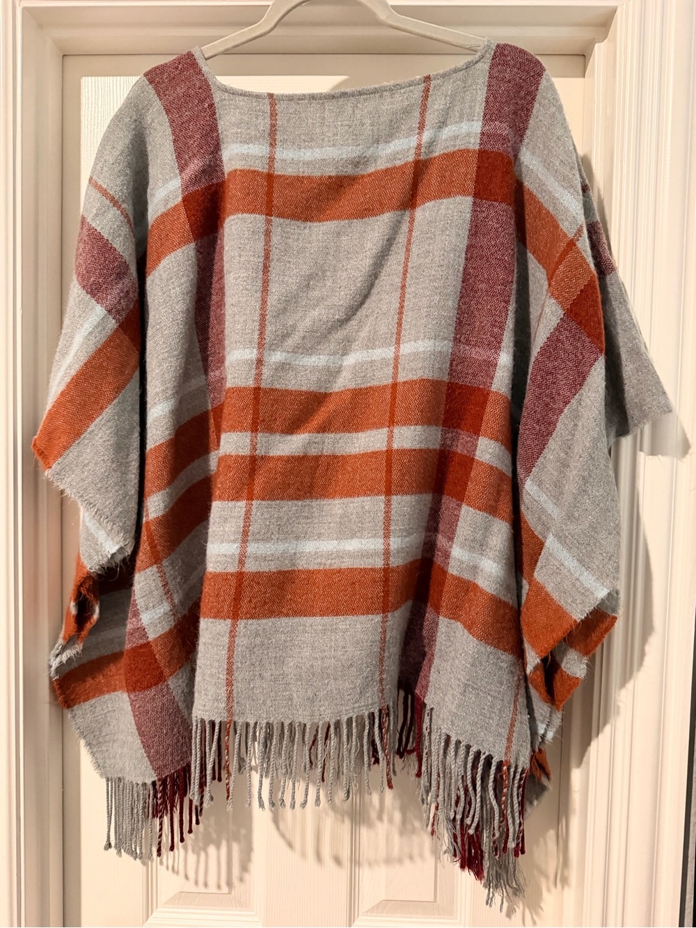 a new day Gray Plaid Fringe Poncho with Rust and Burgundy Stripes